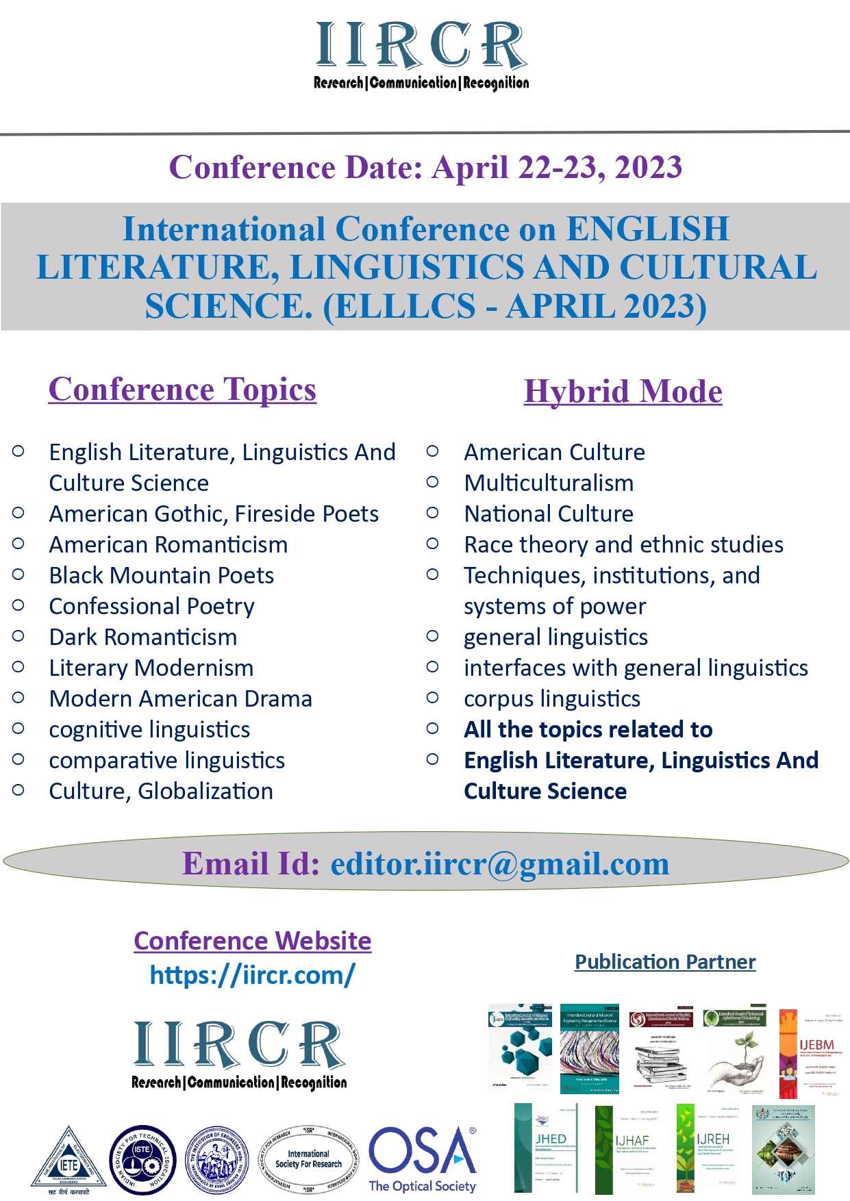 International Conference on English Literature, Linguistics and... IIRCR